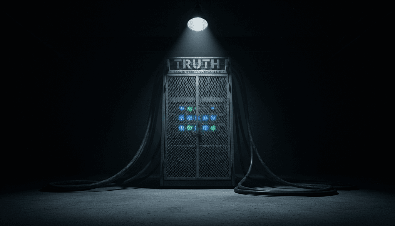Dark server rack with blinking lights in an industrial setting