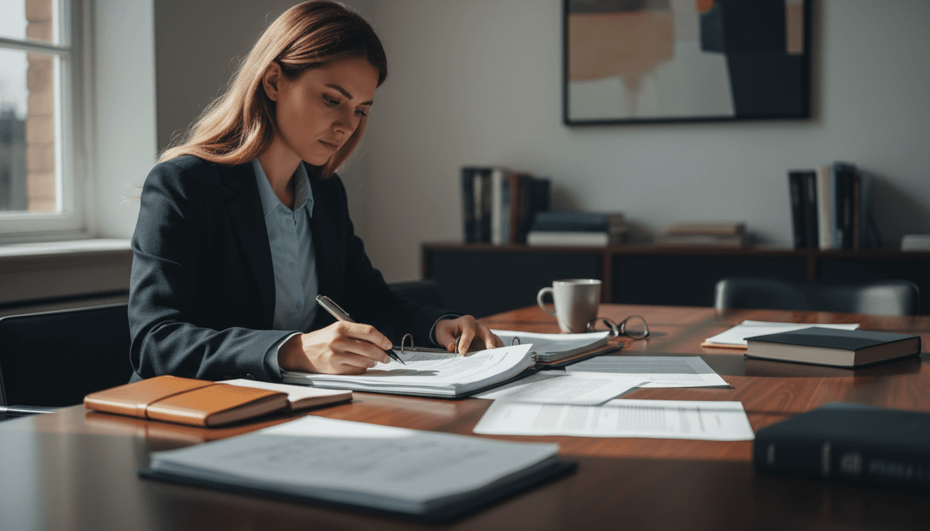 Professional mediator reviewing forensic documents with focused attention