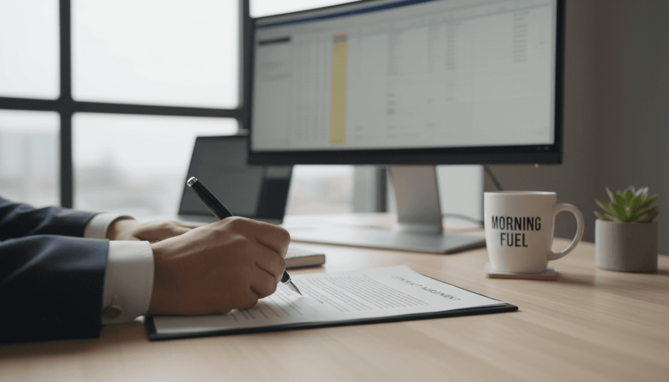 Close-up of professional signing a document at a clean desk with computer and coffee