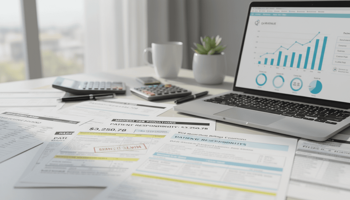 Healthcare billing documents and a laptop on a desk