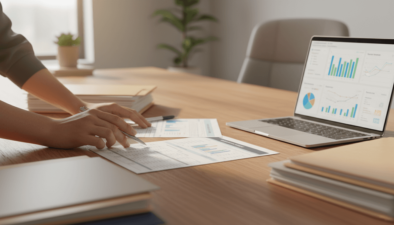 Forensic billing specialist reviewing medical claims and recovery data on desktop