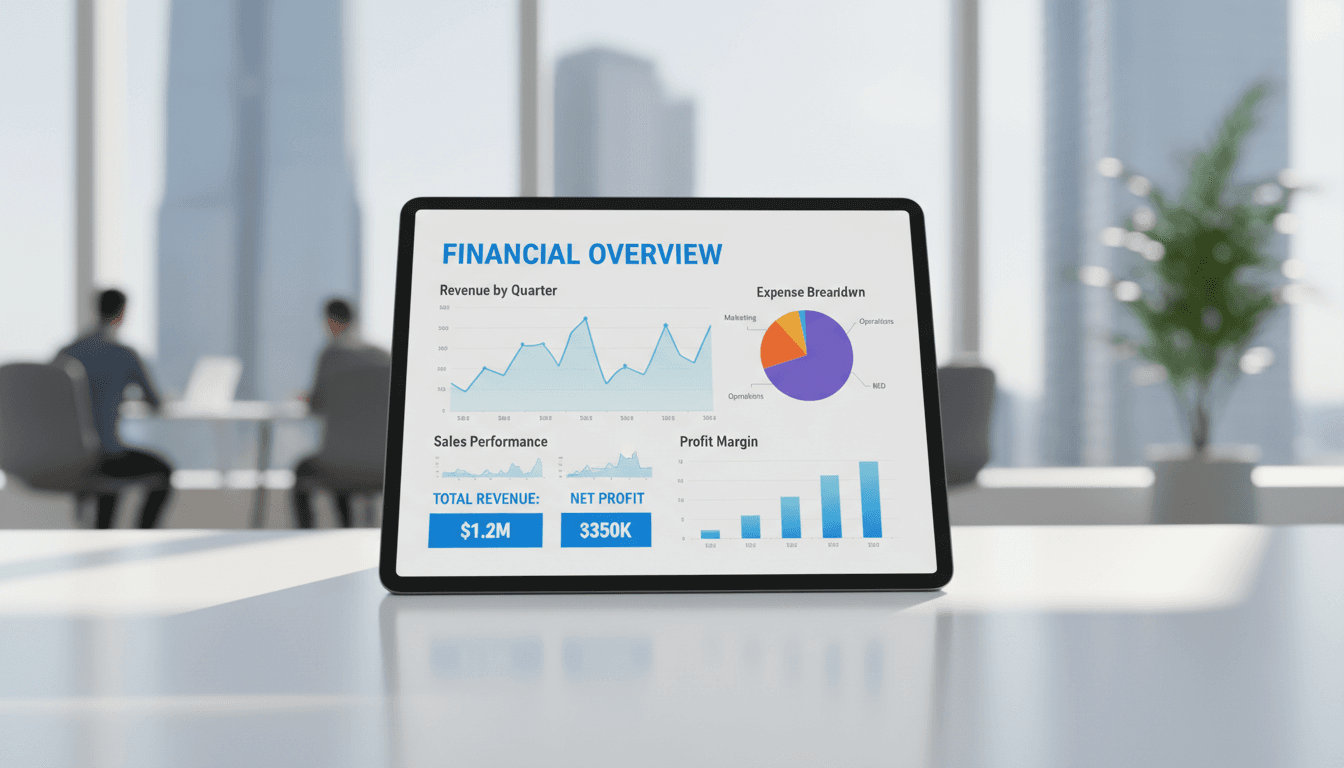 Financial dashboard on tablet screen showing analytics and revenue charts in bright office