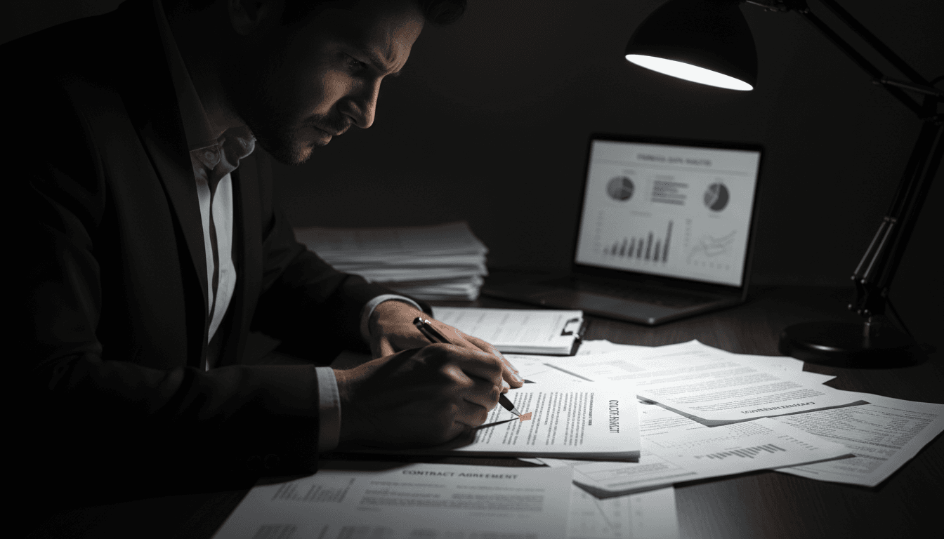 Forensic auditor reviewing contracts with intense focus