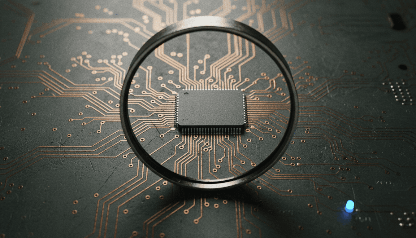 Extreme close-up of a circuit board with a magnifying glass over a microcontroller, blue LED glowing faintly