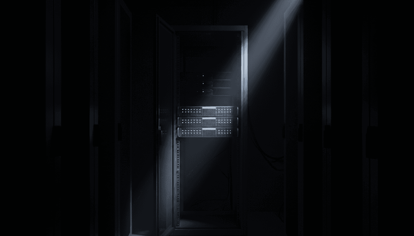 Server rack in dimly lit data center, single shaft of cold light cutting diagonally across machines