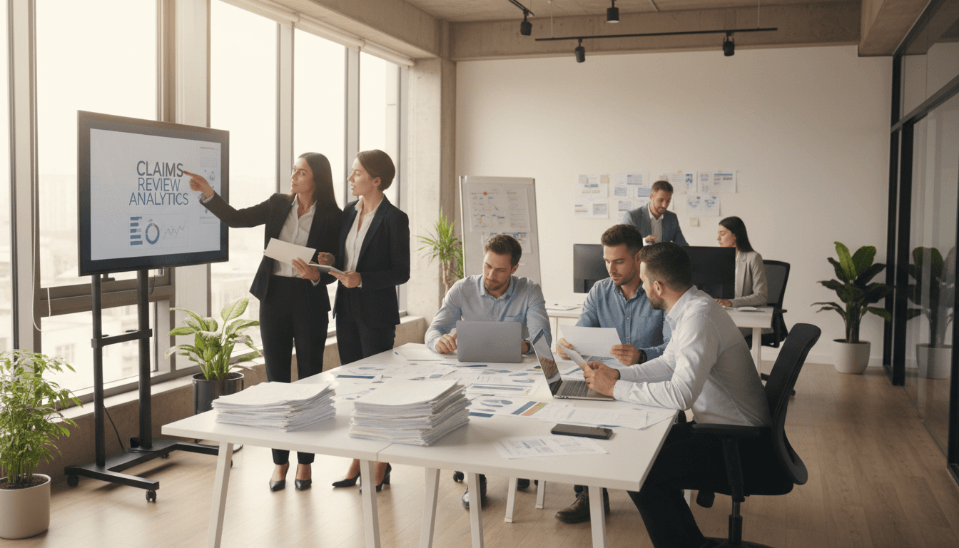 Team of professionals reviewing medical billing documents at a modern office desk