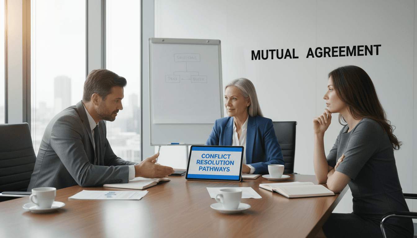 Professional mediator facilitating discussion between two colleagues in a neutral conference room setting