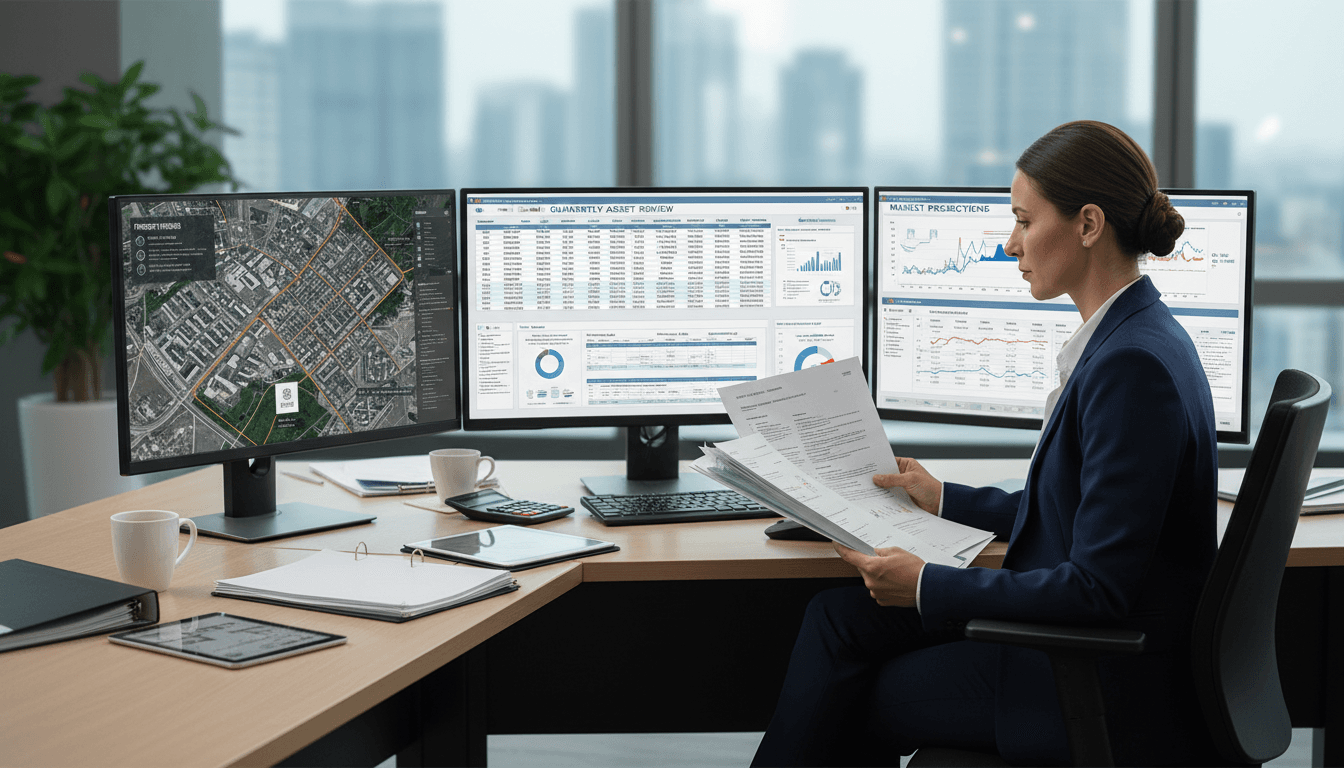 Real estate asset management professional analyzing property data and financial records