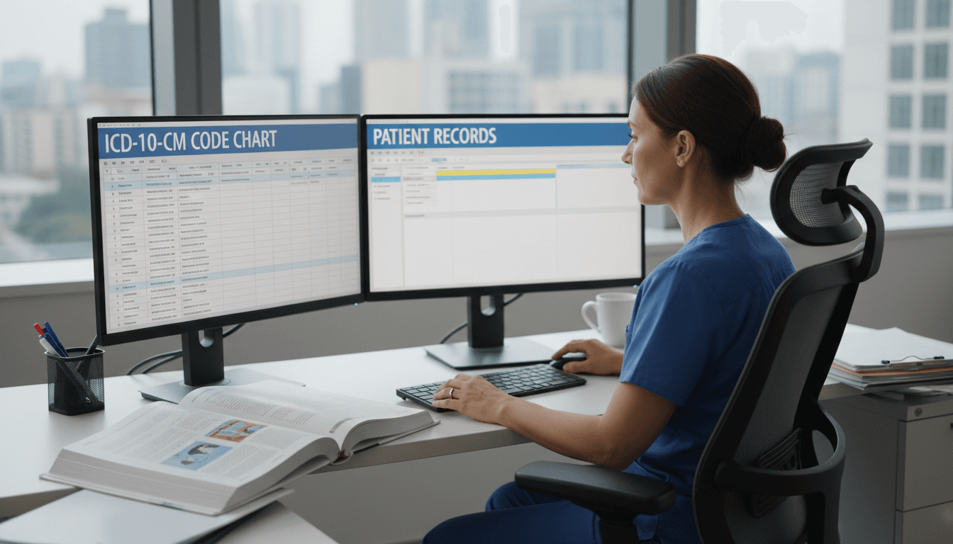 Medical coding specialist working with digital code charts and patient records on dual monitors