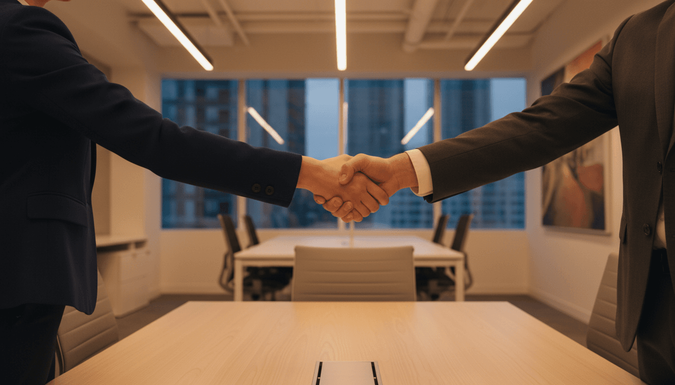 Handshake between two professionals in a clean, modern office with warm lighting