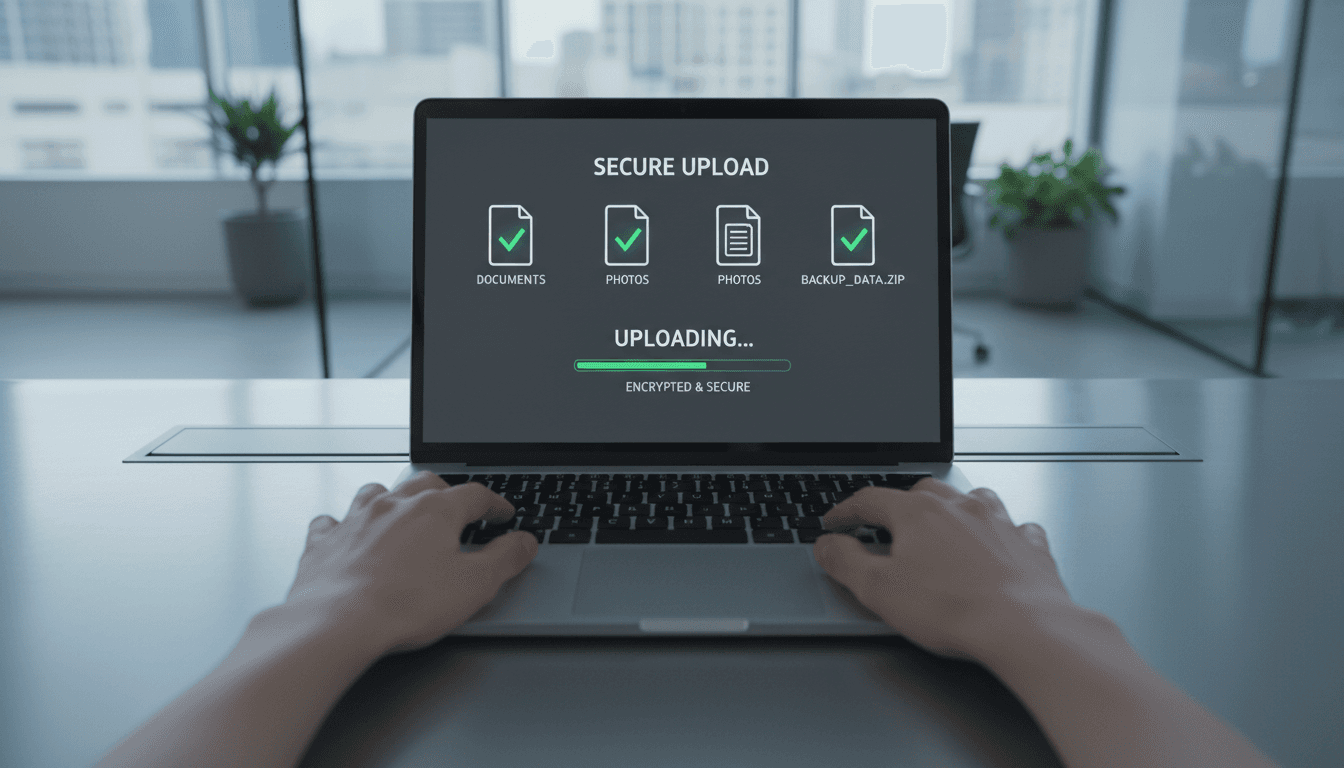 Digital upload interface with security checkmarks on laptop screen