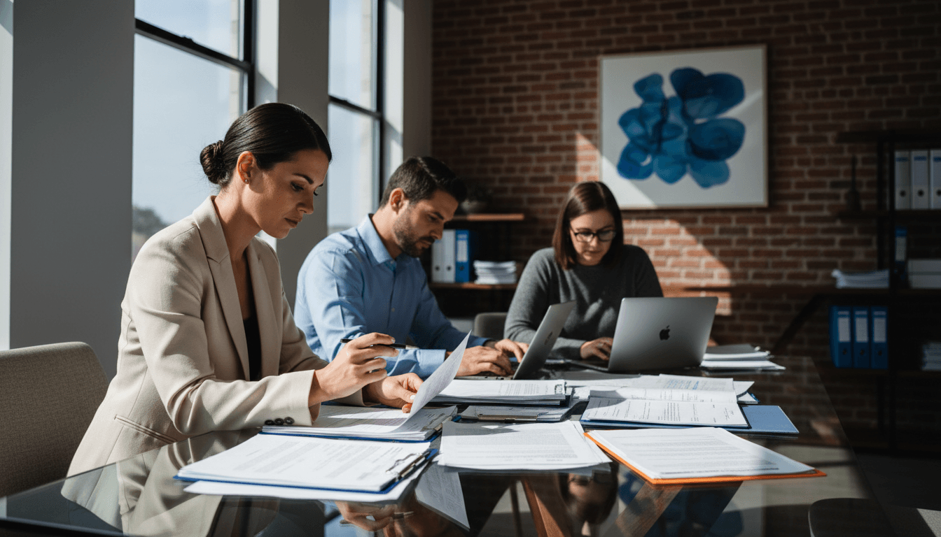 Professionals conducting forensic billing review in modern office