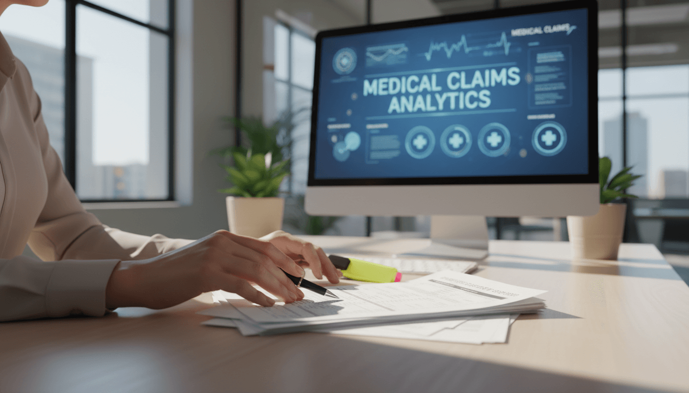 Professional reviewing medical billing documents with Pillar Resolve dashboard visible on monitor