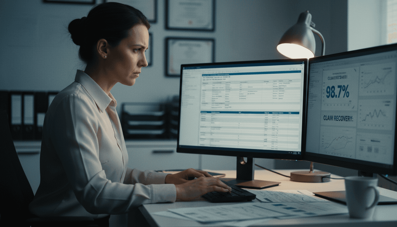 Medical billing specialist reviewing forensic claim audit on computer screens