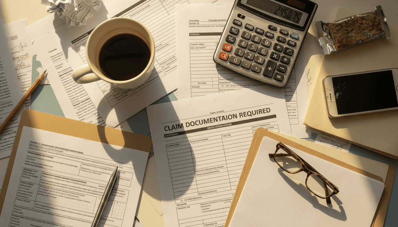 Overhead view of claim forms on a desk