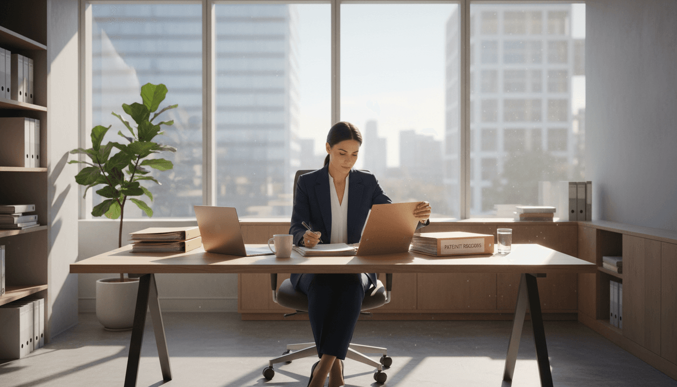 Professional reviewing medical files in an office