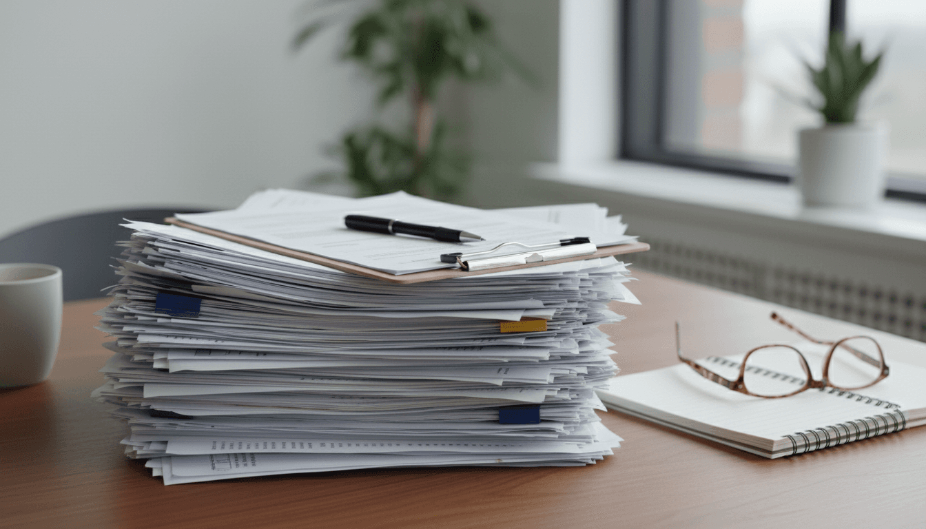 Medical documents and clipboard on desk