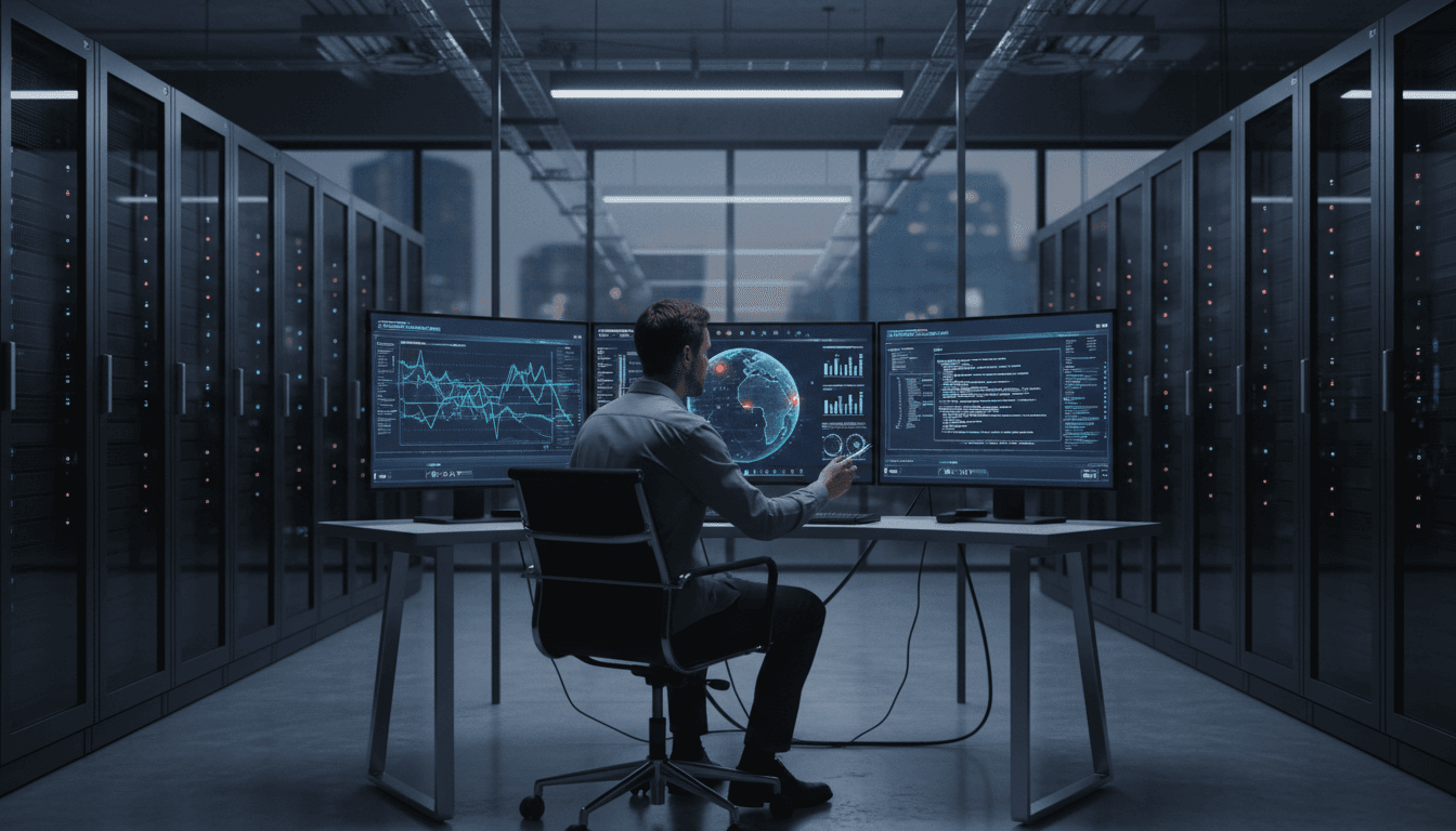 Data analyst working on financial audit at desk with dual monitors