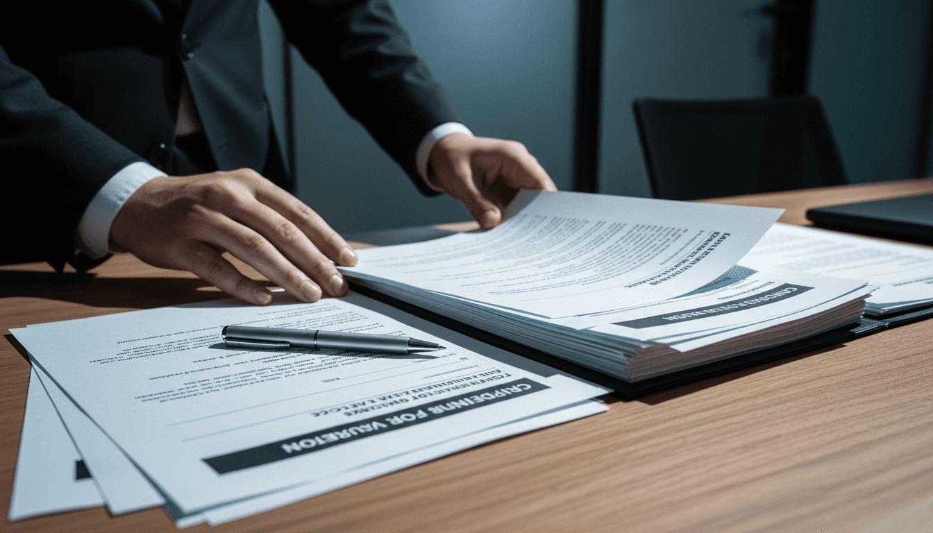 Hands organizing and reviewing business documents during forensic validation process