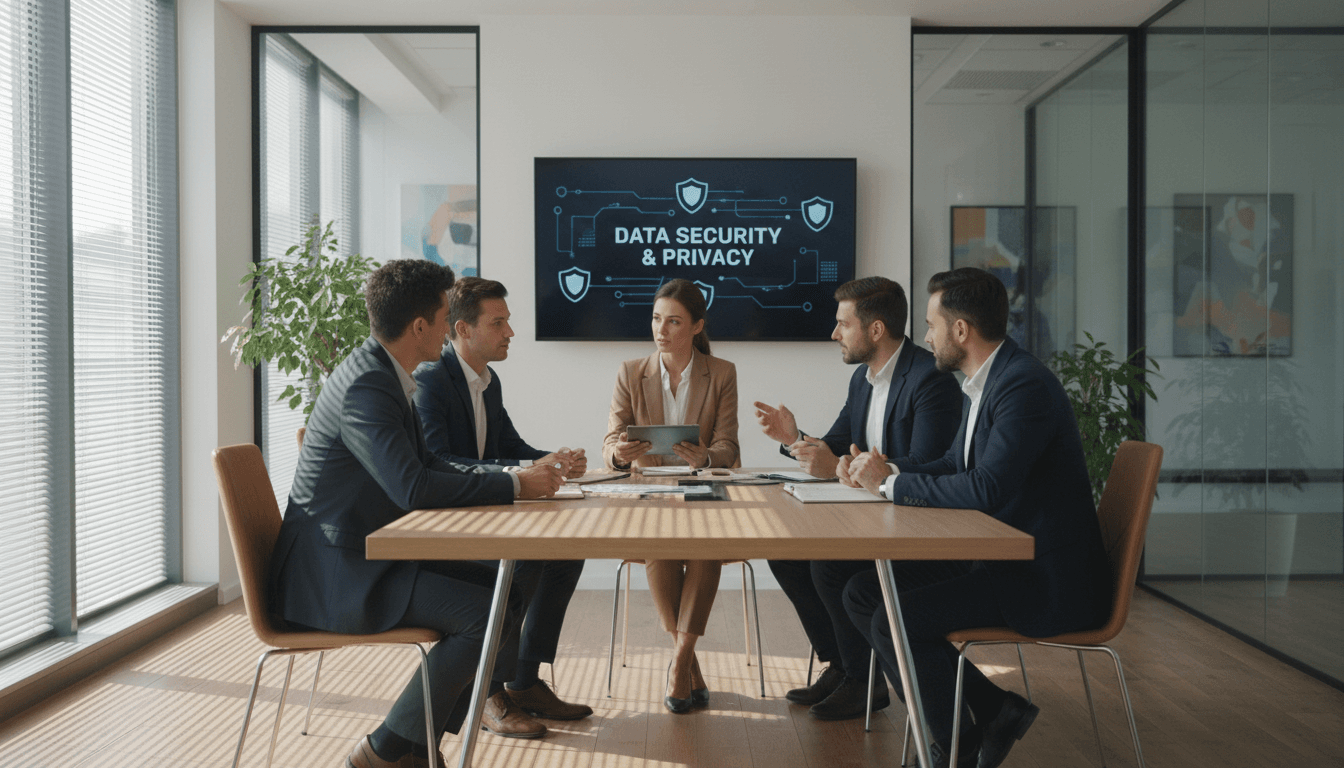 Business team discussing data security in a modern office with natural lighting.
