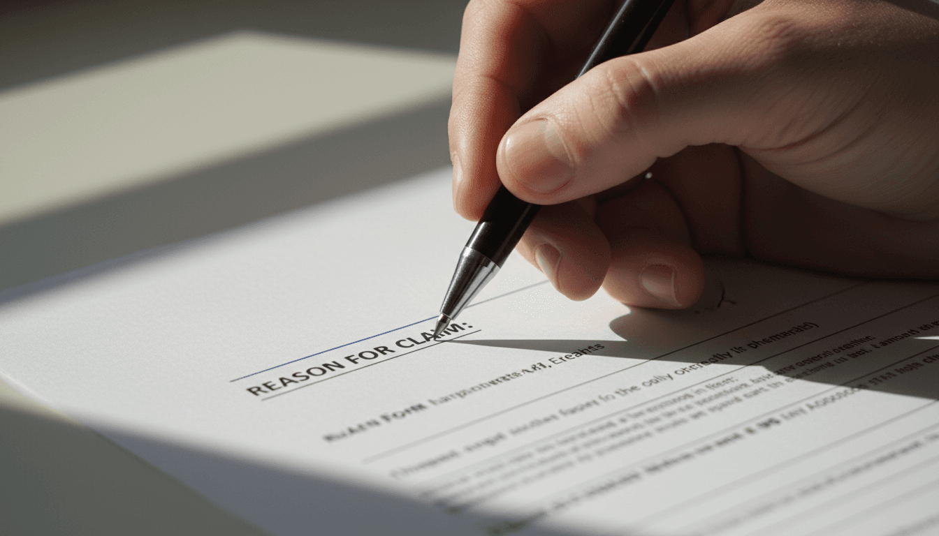 Hand holding a pen over a claim form, highlighting a line item