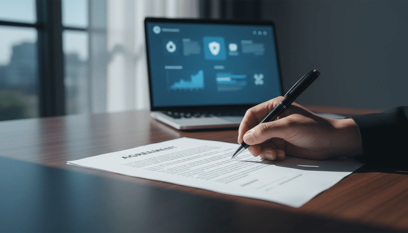 Hand signing a document on a desk with a laptop showing a dashboard in the background