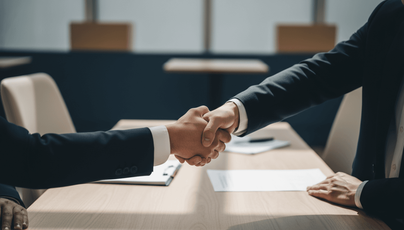 Close-up of professional handshake symbolizing dispute resolution