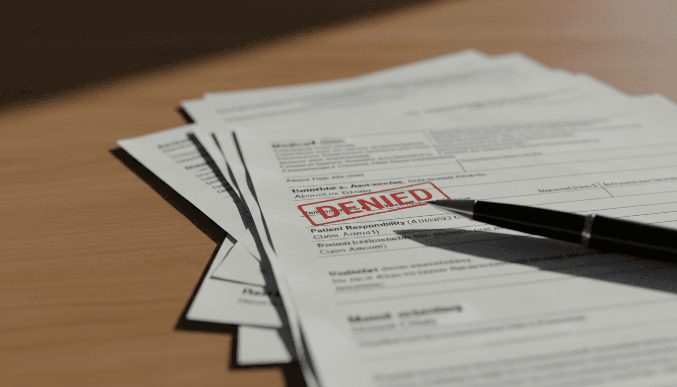 Close-up of denied claim paperwork on a desk with pen and stamp