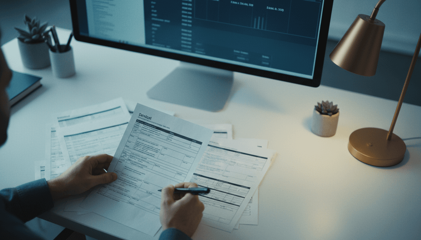 Healthcare billing specialist reviewing medical claim documents at a desk with computer monitor in background