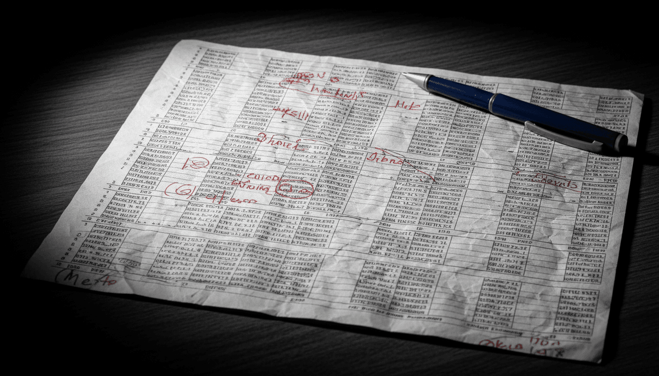 Paper medical billing sheet with red corrections and pen