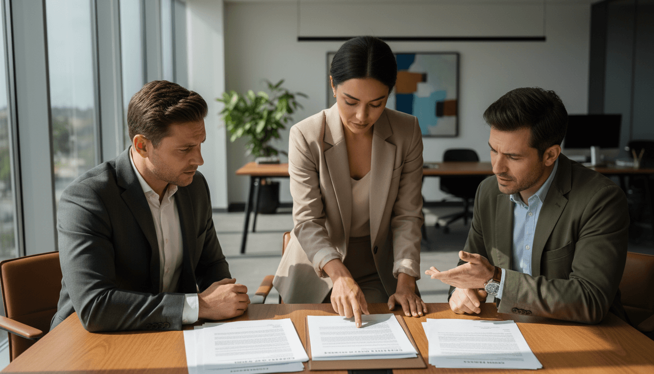 Professional team of three reviewing and discussing contract documents together at a conference table