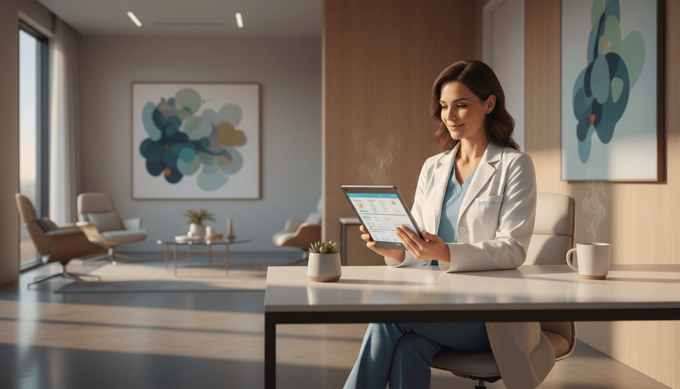 Healthcare professional reviewing digital records on tablet in modern medical office