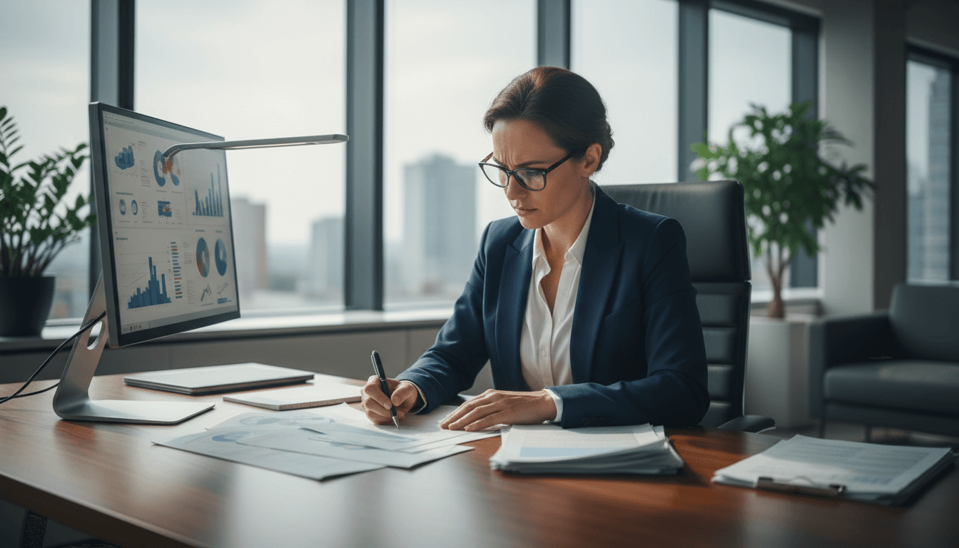 Professional reviewing documents with focused determination in modern office environment