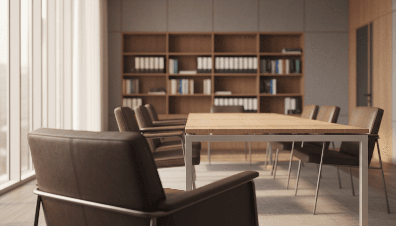 Modern mediation conference room with natural lighting and professional setup