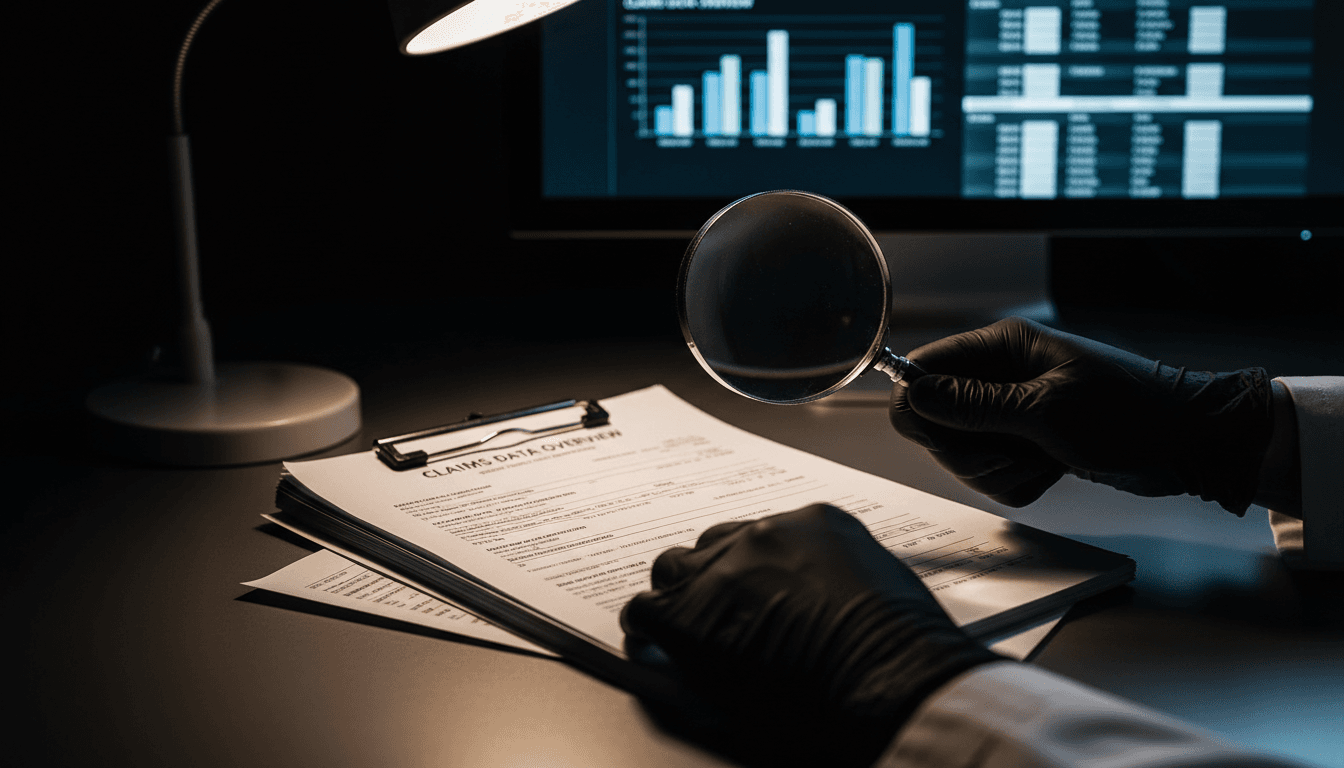 Healthcare professional conducting forensic claim audit with magnifying glass
