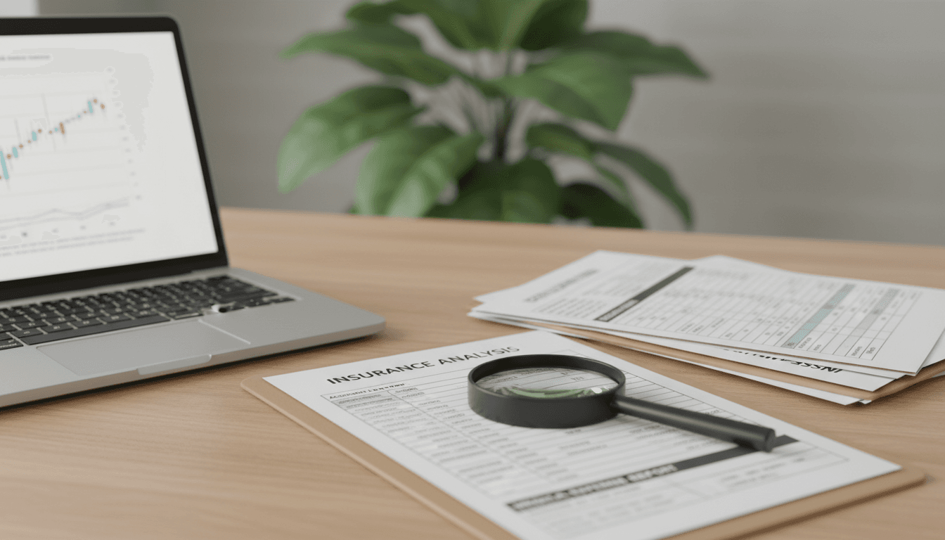 Desk with laptop, claim forms, and magnifying glass on a spreadsheet