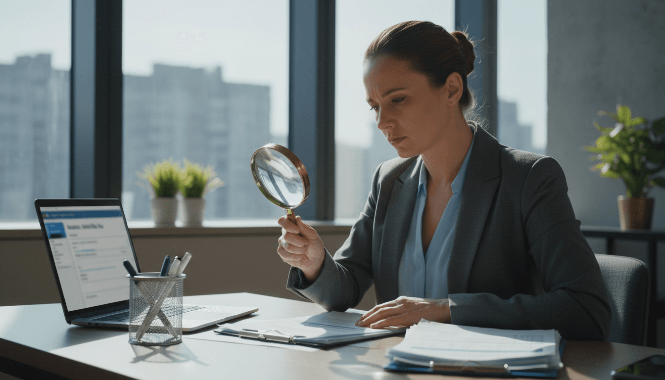 Healthcare auditor examining medical billing documents with a magnifying glass in a modern office