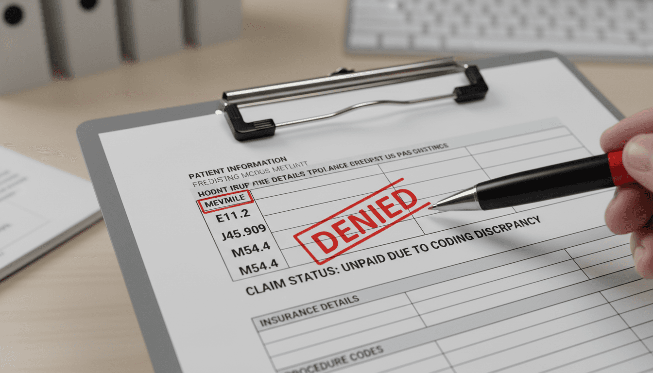 Medical insurance claim form being reviewed with a pen highlighting denied codes