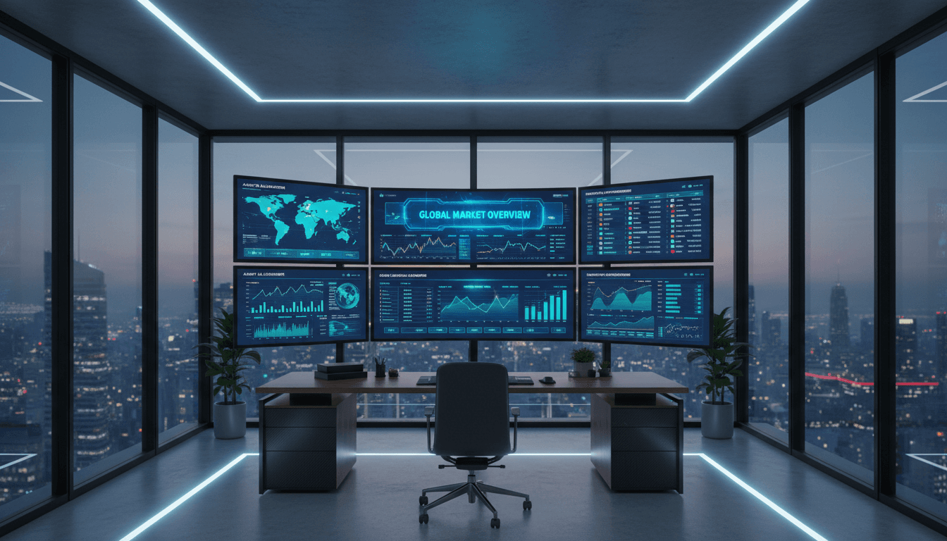 Professional workspace with secure financial management dashboard and real estate asset tracking