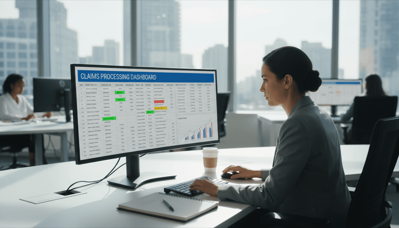 Medical billing analyst reviewing digital claims data on computer screen in modern office