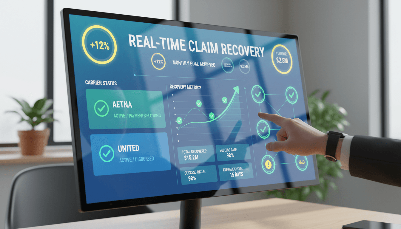Real-time revenue tracking dashboard showing claim recovery metrics