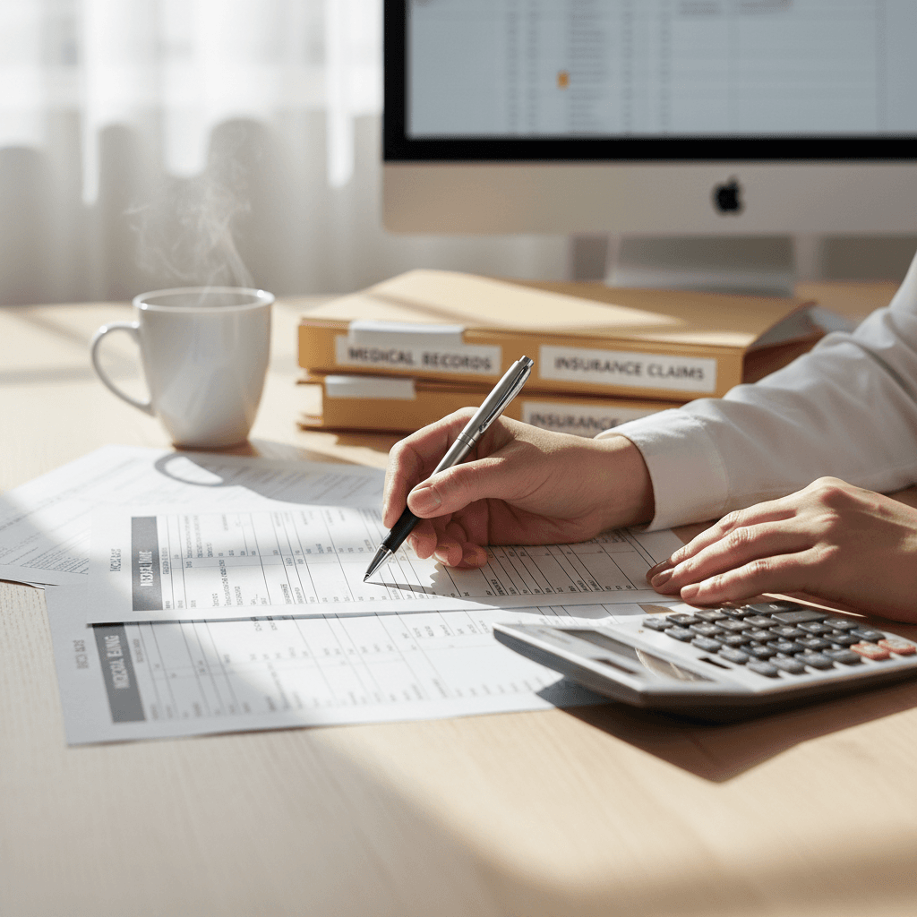 Healthcare billing professional reviewing denied claims on computer