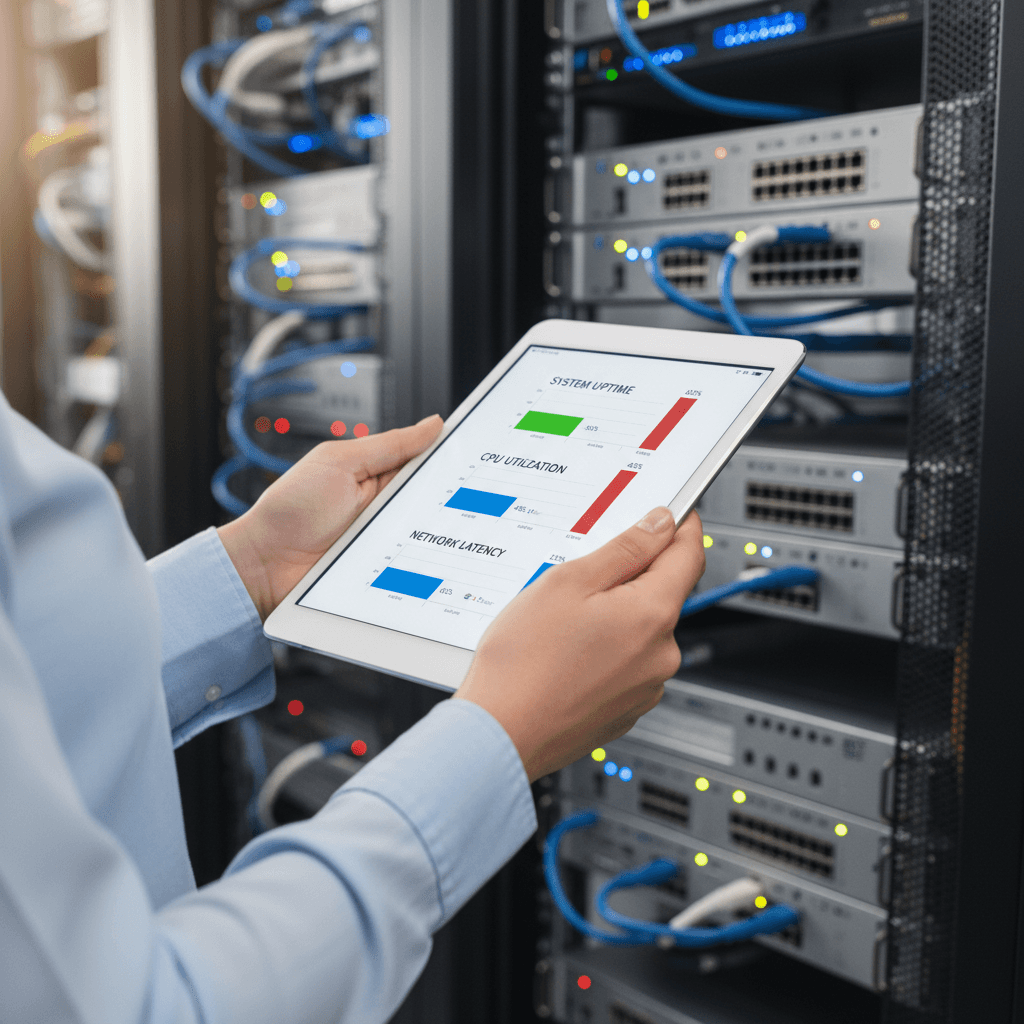 IT consultant's hands holding tablet with system monitoring software, server rack infrastructure visible behind