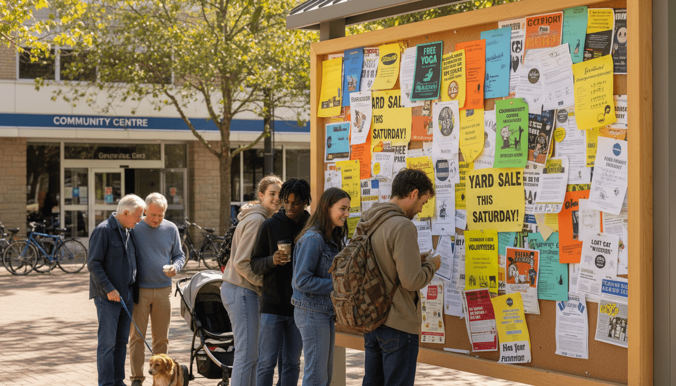 Diverse community members reading colorful event announcements and notices on busy community bulletin board at neighborhood hub