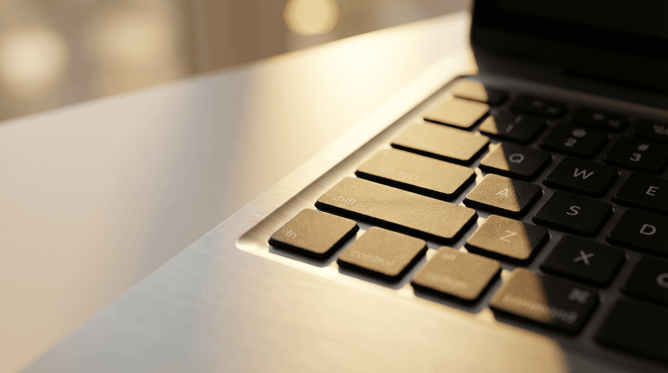 Hands working at a keyboard with real-time revenue tracking dashboard visible on screen