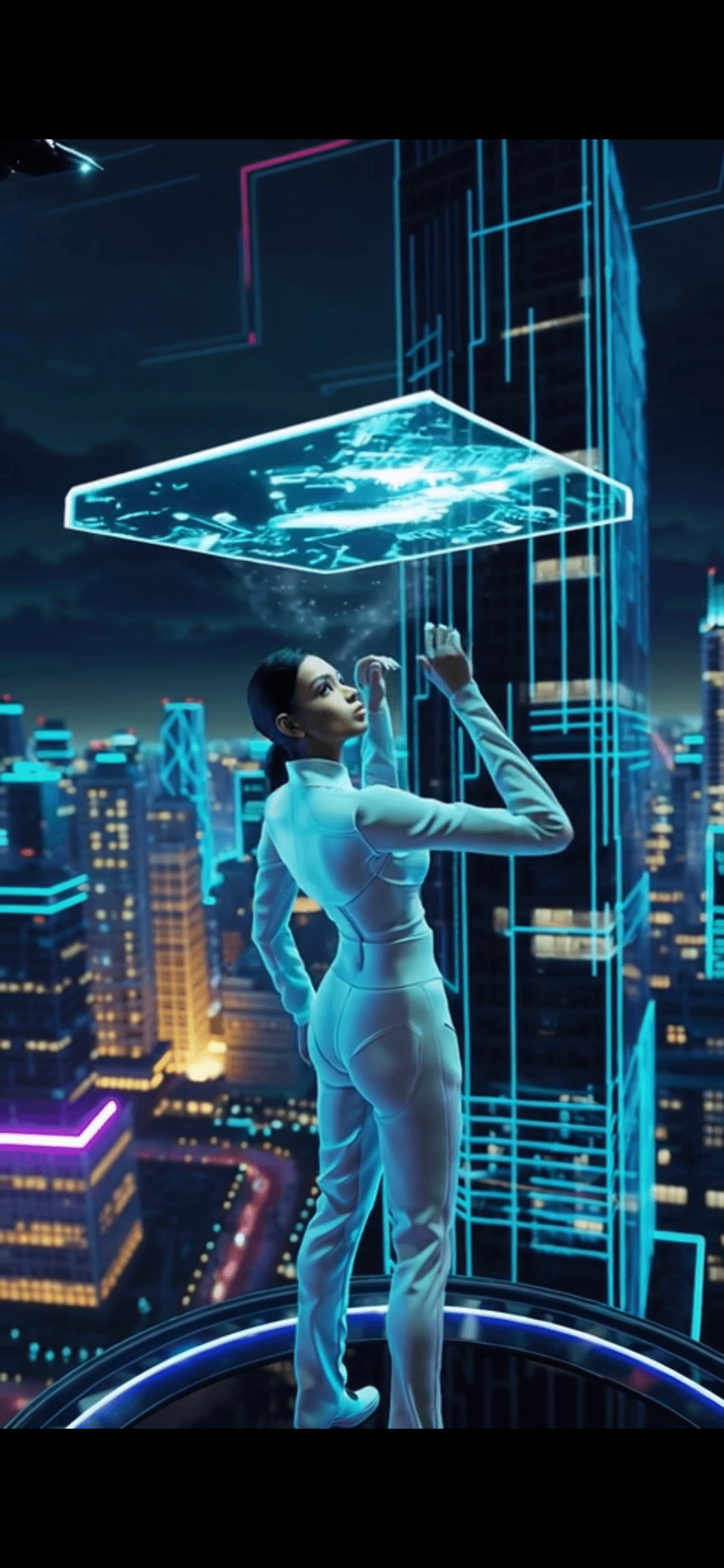 Woman in white suit interacts with a holographic screen overlooking a neon-lit futuristic cityscape.