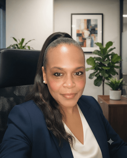 Professional woman with long dark hair in a navy blazer sitting in a modern office.